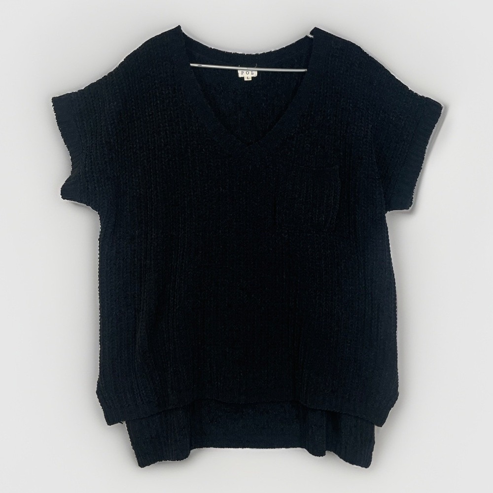 POL Hi Low Large Short Sleeve Chenille Sweater Slouchy Cozy Chest Pocket